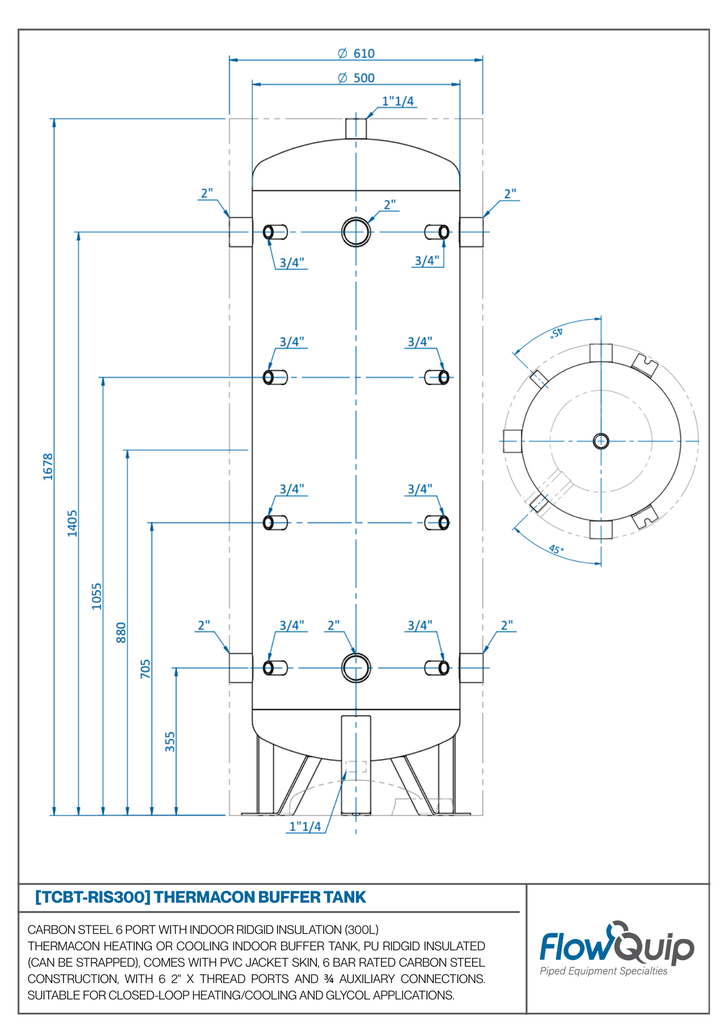 ThermaCon Buffer Tank Rigid Insulated Steel Screwed Connections (6 Port)