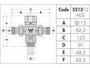 Dimensions 15mm Caleffi 5213 Tempering Valve with Hot and Cold Check Valves and Straight Unions
