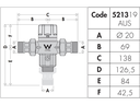 Dimensions 20mm Caleffi 5213 Tempering Valve with Hot and Cold Check Valves and Straight Unions