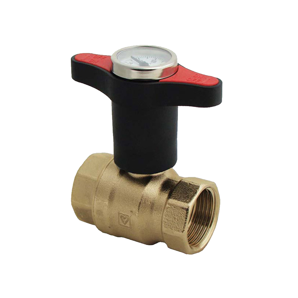 Brass Ball Valve Threaded - Extended Red Insulated Handle with Temp Gauge