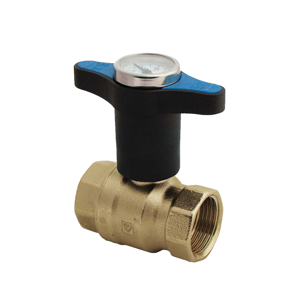 Brass Ball Valve Threaded - Extended Blue Insulated Handle with Temp Gauge