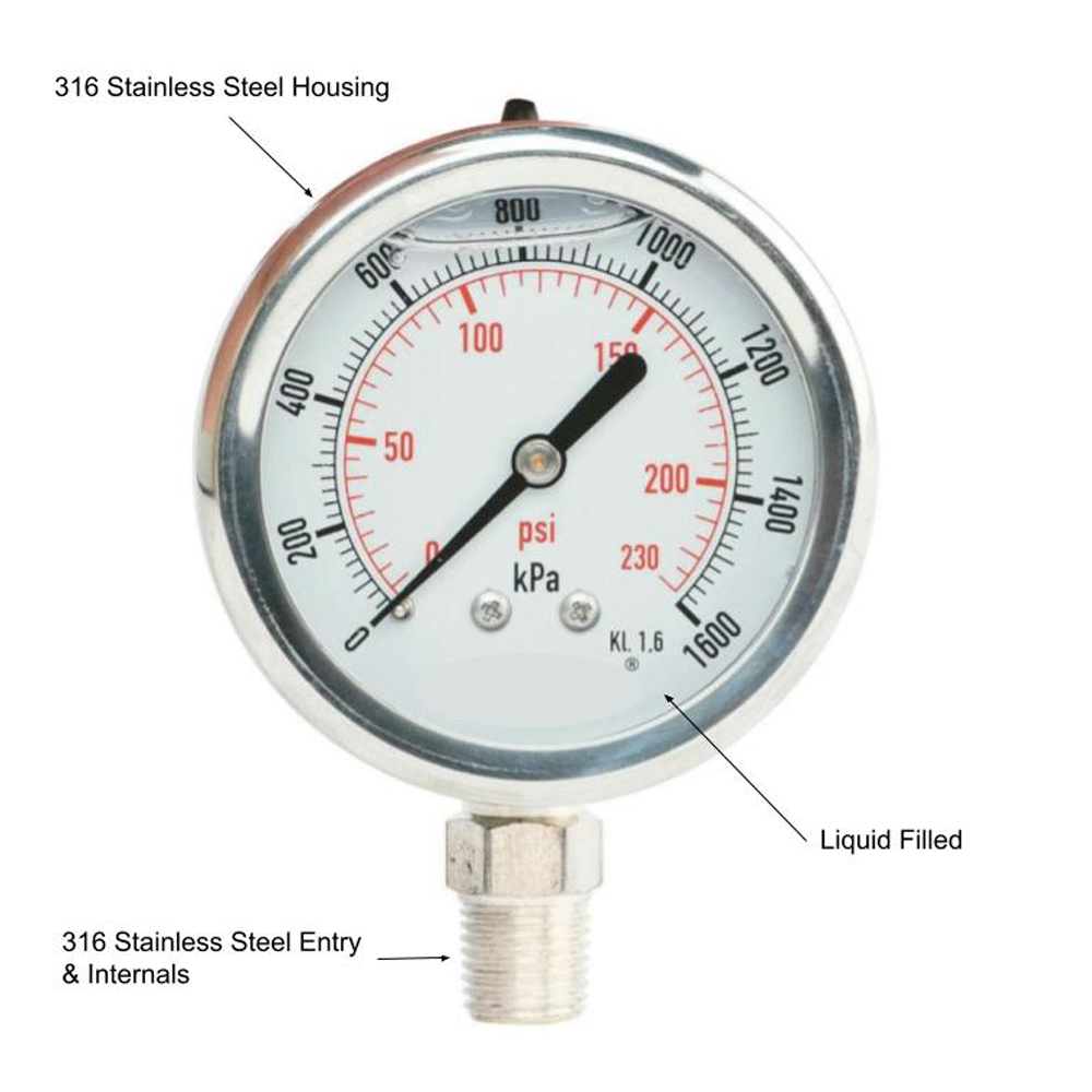 Pressure Gauge 100mm Fully Stainless Steel Liquid Filled 3/8" BSPT Bottom Entry 0~1000 kpa