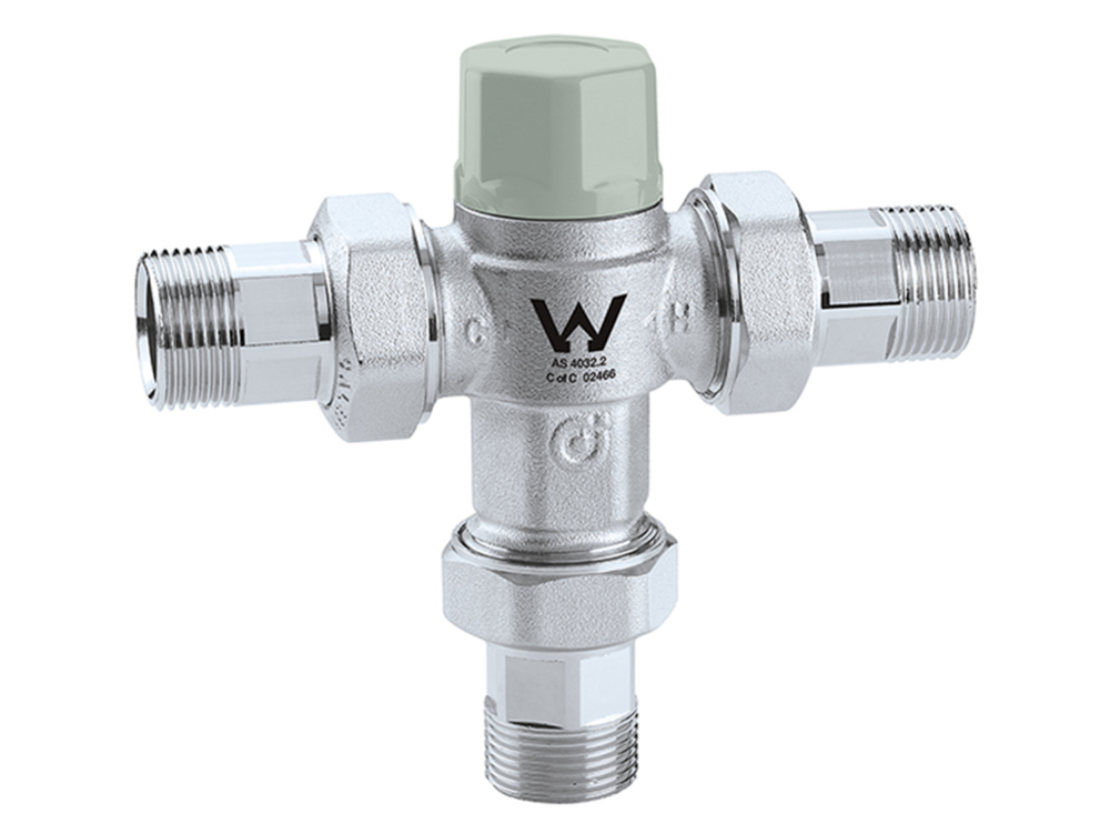 Caleffi 5213 Tempering Valve with Hot and Cold Check Valves and Straight Unions