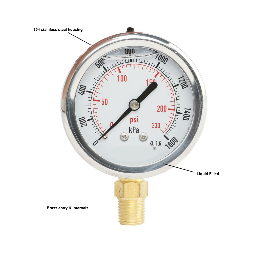 [GAU63B-600] Pressure Gauge 63mm SS Liquid Filled 1/4" BSPT Bottom Entry 0~600 kpa