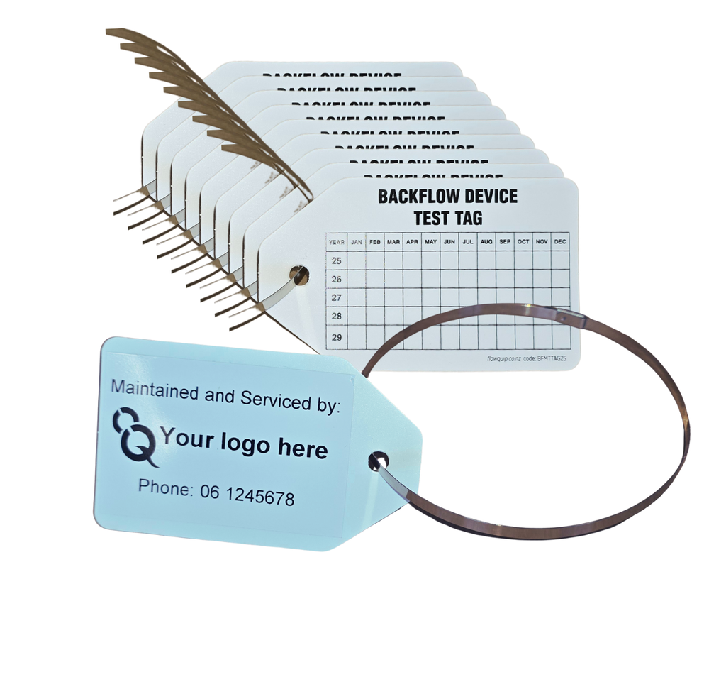 [BFMTTAG25-10pk] Backflow Test Tag with Custom Logo Sticker and Stainless Steel Cable Tie 10 Pack